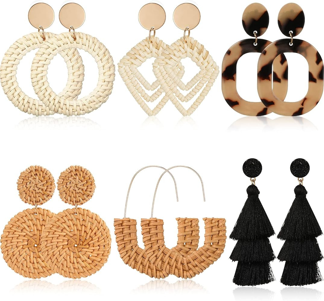 6 Pairs Rattan Earrings Straw Earrings Tassel Woven Bohemian Earring Handmade Wicker Braid Hoop Drop | Amazon (US)