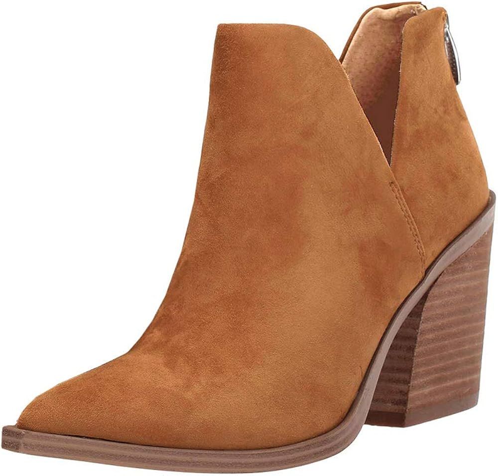 FISACE Womens Pointed Toe Stacked Mid Heel Ankle Boots V Cut Back Zipper Faux Leather Booties | Amazon (US)