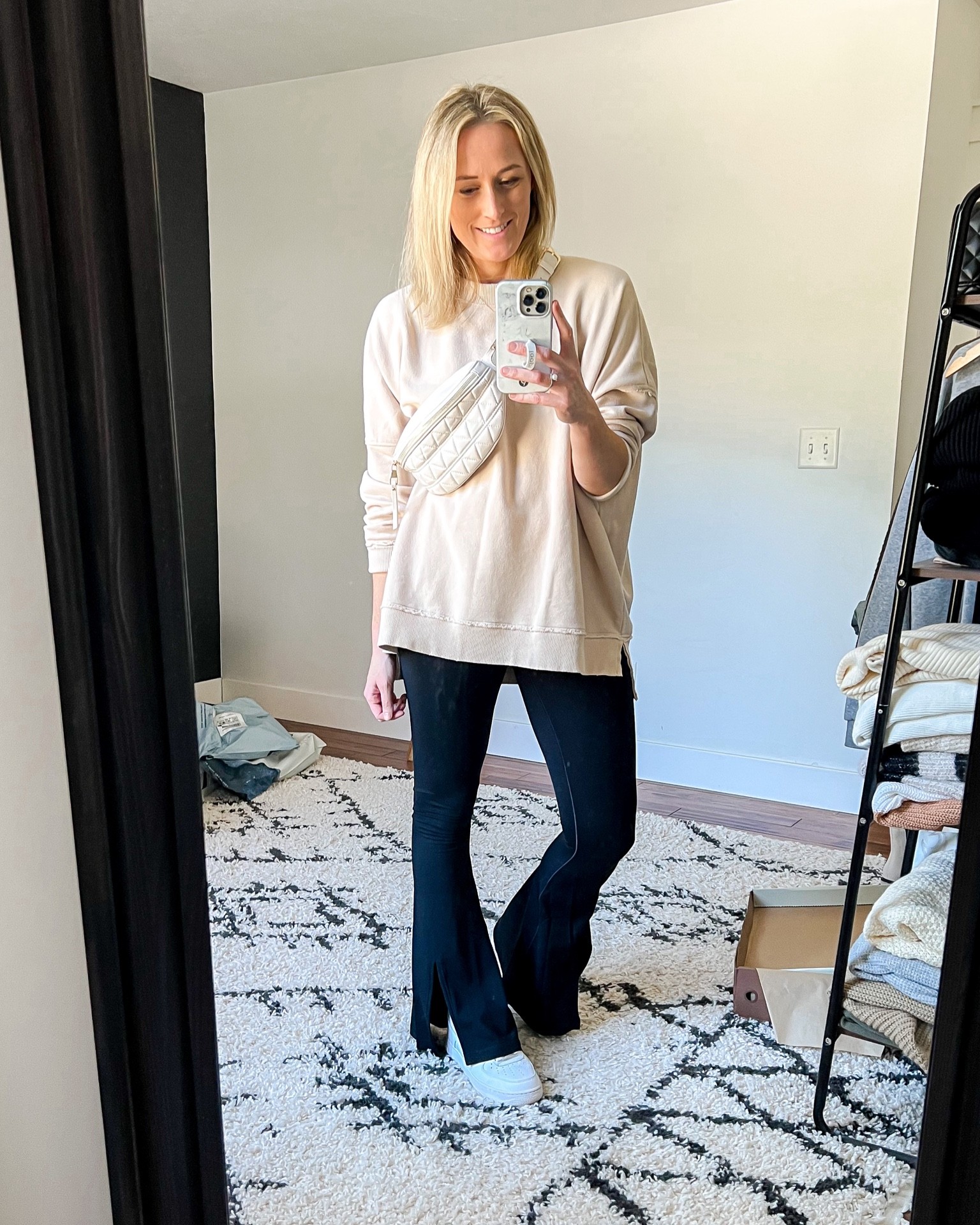 Spring outfit. Spring outfits. Casual outfit. Casual outfits. Crewneck sweatshirt. Oversized sweatshirt. Flare leggings. Split hem leggings. Sneakers. 

#LTKunder50 #LTKunder100 #LTKstyletip