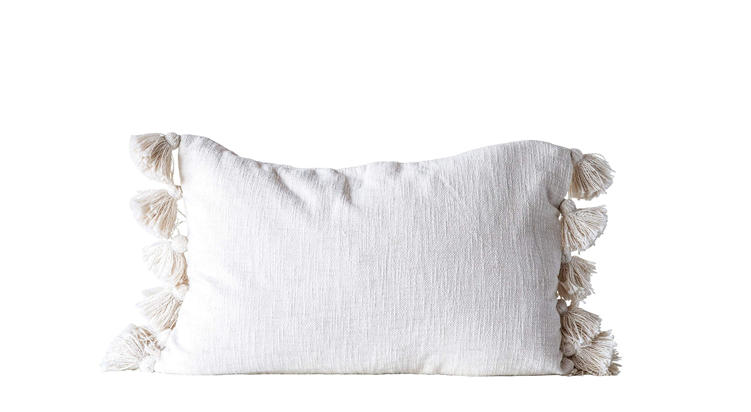Cream Cotton Woven Slub Pillow with Plush Tassels | Amazon (US)