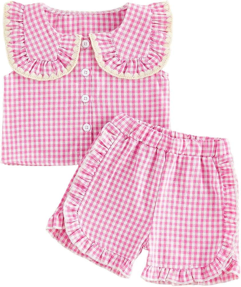 Toddler Baby Girl Outfit Peter Pan Collar Sleeveless Vest Tops Gingham Print Elastic Waist Shorts... | Amazon (US)