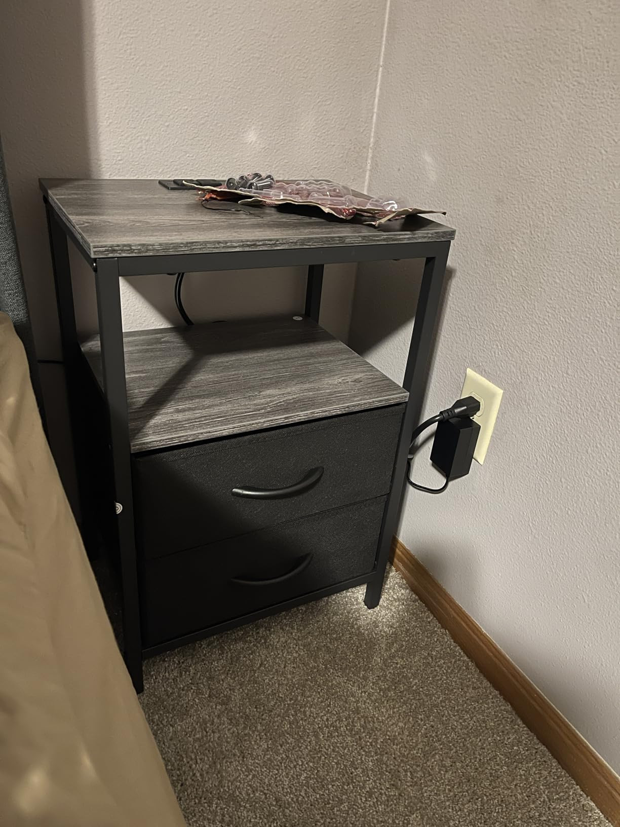 Nightstand with Charging Station, Side Table with Fabric Drawers, End Table with Open Shelf, Beds... | Amazon (US)