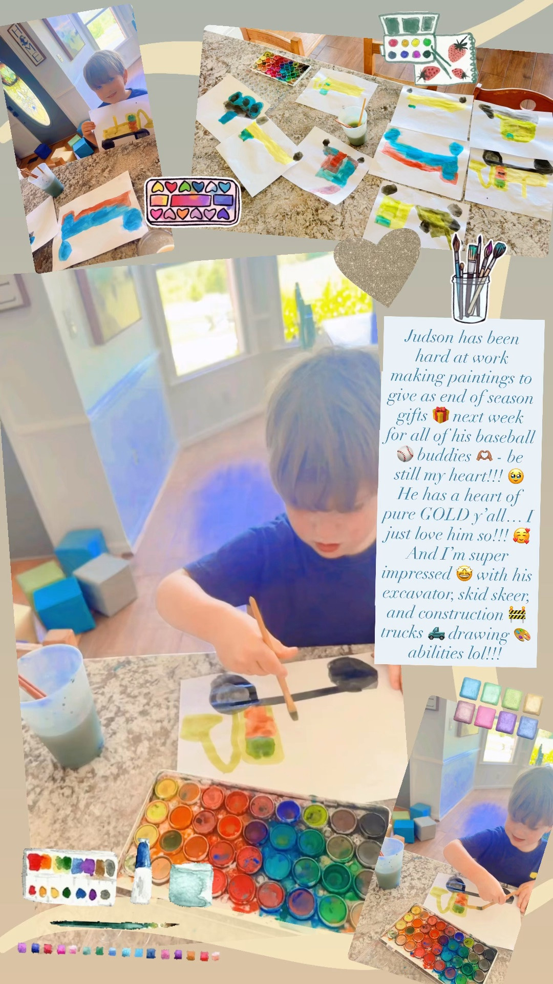 Judson has been hard at work making paintings to give as end of season gifts 🎁 next week for all of his baseball ⚾️ buddies 🫶🏽 - be still my heart!!! 🥹 He has a heart of pure GOLD y’all… I just love him so!!! 🥰 And I’m super impressed 🤩 with his excavator, skid skeer, and construction 🚧 trucks 🛻 drawing 🎨 abilities lol!!!
