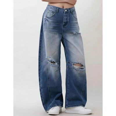 Women's Distressed Wide Leg Jeans Vintage Denim Pants with Side Pockets Dark Blue S | Target