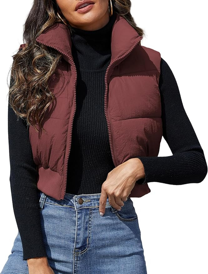Dqbeng Cropped Puffer Vest Women Zip Up Stand Collar Sleeveless Outerwear Padded Crop Puffy Vests | Amazon (US)