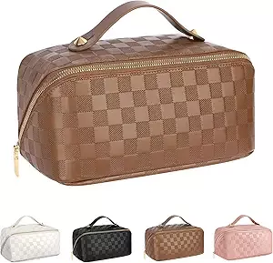 ALEXTINA Large Capacity Travel Cosmetic Bag - Portable Makeup Bags for  Women Travel Toiletry Bag Waterproof Leather Checkered Makeup Organizer  Bag