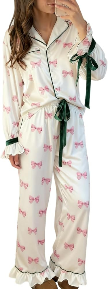 Argeousgor Women Christmas Satin Pajamas Striped 2 Piece Pjs Set Long Sleeve Button Down Shirt Bo... | Amazon (US)