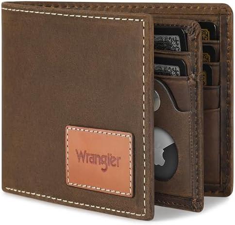 Wrangler Men's Wallet with AirTag Holder, Genuine Leather, RFID Blocking, Bifold, Casual 10-20 Ca... | Amazon (US)