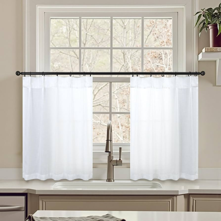Pinch Pleat White Kitchen Curtains 36 Inch Length 2 Panels Set Back Tab Privacy Semi Sheer Linen ... | Amazon (US)