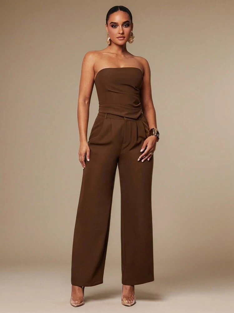 Silquee Conjunto De Peças 2 Em 1 Casual/Empresarial De Mulheres Para Outono/Inverno, Composto De Regata Com Barra Assimétrica E Calça Reta, Na Cor Marrom Chocolate/Café, Adequado Para Dia De Ação De Graças/Natal/Réveillon | SHEIN