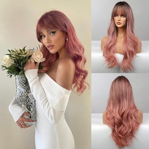 Honygebia Pink Wigs with Bangs - Long Ombre Pink Wigs for Women, Light Wavy Heat Resistant Hair Pink, Synthetic Dark Root Natural Looking - Best Wig for Halloween/Christmas/Cosplay/Party | Amazon (US)