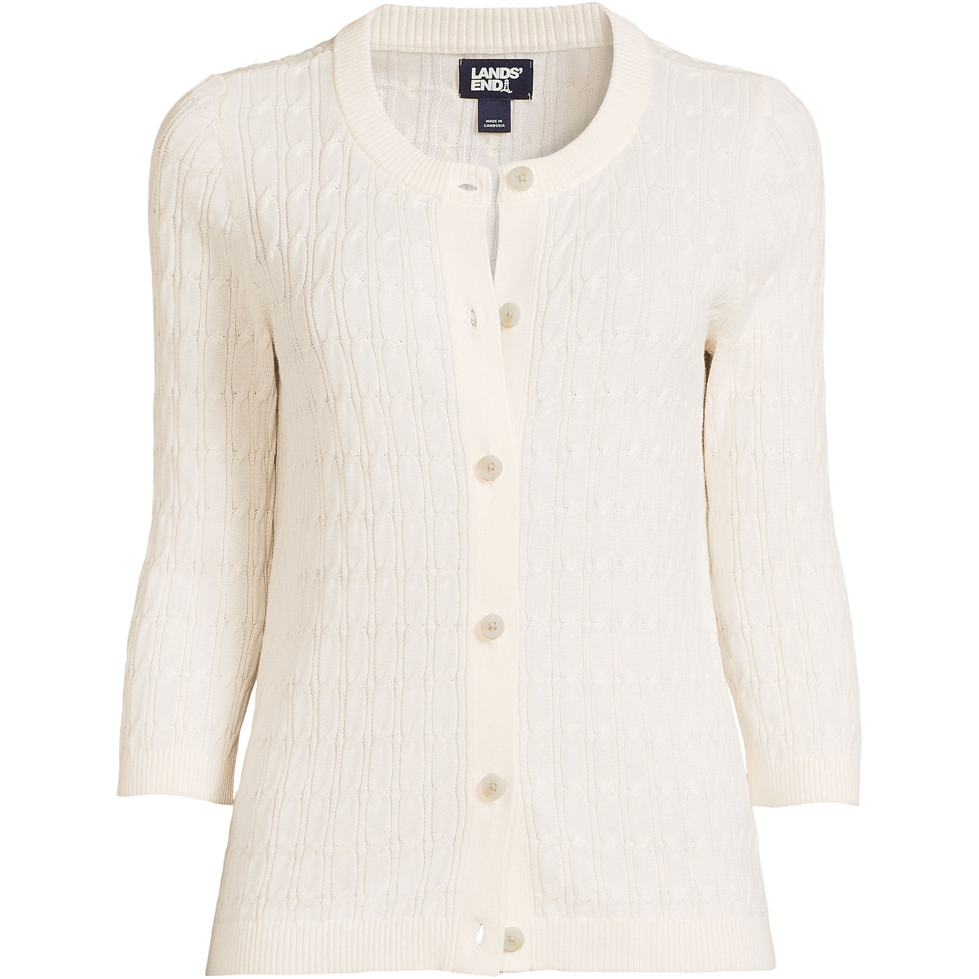 Women's Cotton Modal 3/4 Sleeve Cable Cardigan Sweater | Lands' End (US)
