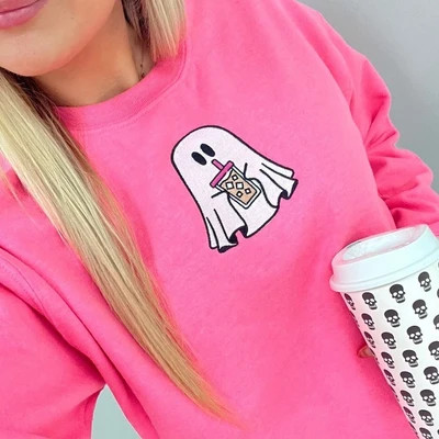 'Iced Coffee Ghost' Embroidered Crewneck Sweatshirt | United Monograms