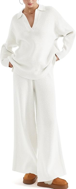 SUUKSESS Women 2 piece Fall outfits Matching Lounge Set Waffle Knit Sweater sets | Amazon (US)