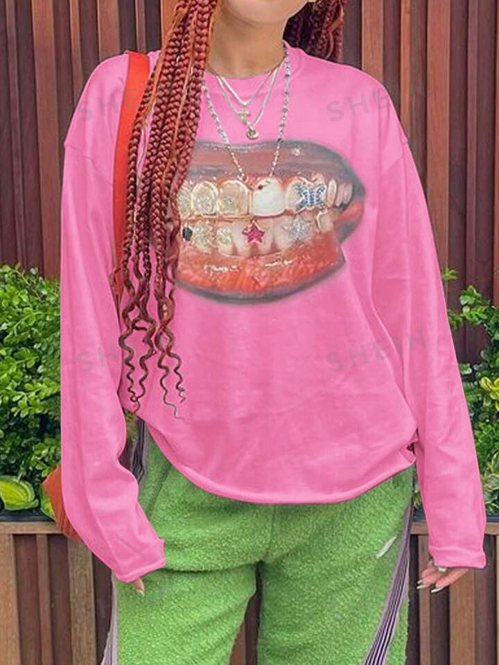 SHEIN EZwear Women's Spring & Summer Casual Batwing Long Sleeve Lip Print T-Shirt | SHEIN