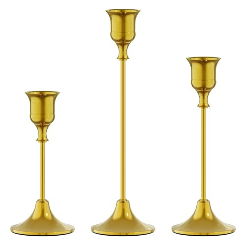 FSyueyun Gold Candle Holders Set of 3, Elegant Metal Candlestick Holders for Vintage Taper Candle Holders, Perfect for Table Centerpieces, Fireplace Mantels, Home Decor, Weddings and Party Decorations | Amazon (US)