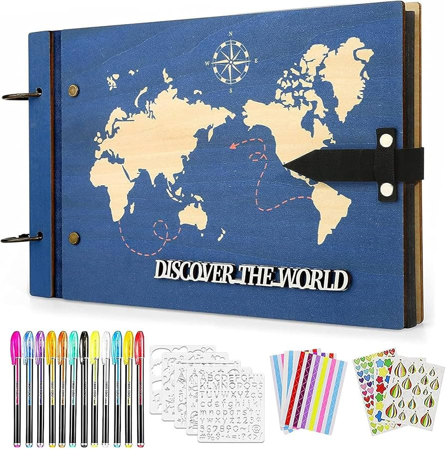 ZEEYUAN Fathers Day Gift From Wife/Daughter/Son Wooden Scrap Book Album World Map Travelling Jour... | Amazon (US)