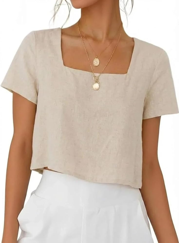 Womens Square Neck Linen Shirts Spring Summer Short Sleeve Crop Blouse Tops | Amazon (US)