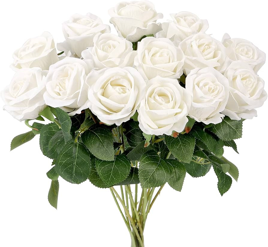 Auihiay 14PCS White Roses Artificial Flowers, Velvet Silk Faux Roses with Long Stems for Valentin... | Amazon (US)