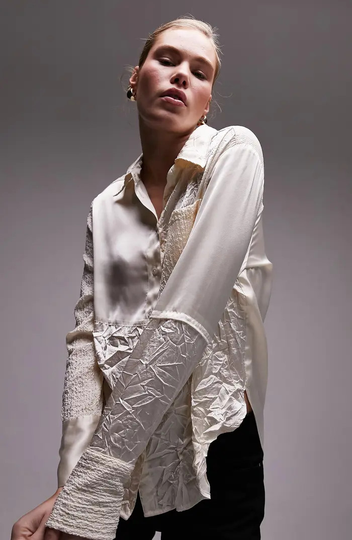 Crinkle Patchwork Satin Button-Up Shirt | Nordstrom