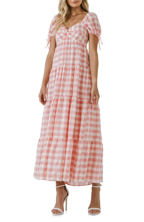 English Factory Gingham Knot Tiered Cotton Blend Midi Dress in Pink at Nordstrom, Size Medium | Nordstrom