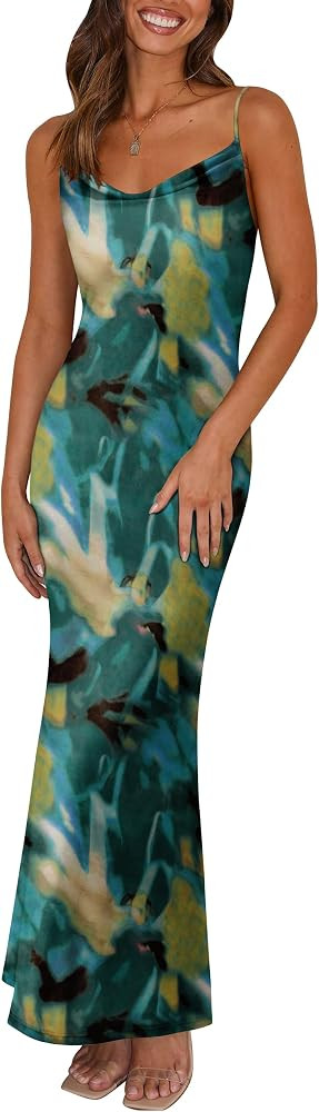 PRETTYGARDEN Women's 2026 Spring Floral Spaghetti Strap Maxi Dress Stretch Sexy Bodycon Dress Bac... | Amazon (US)
