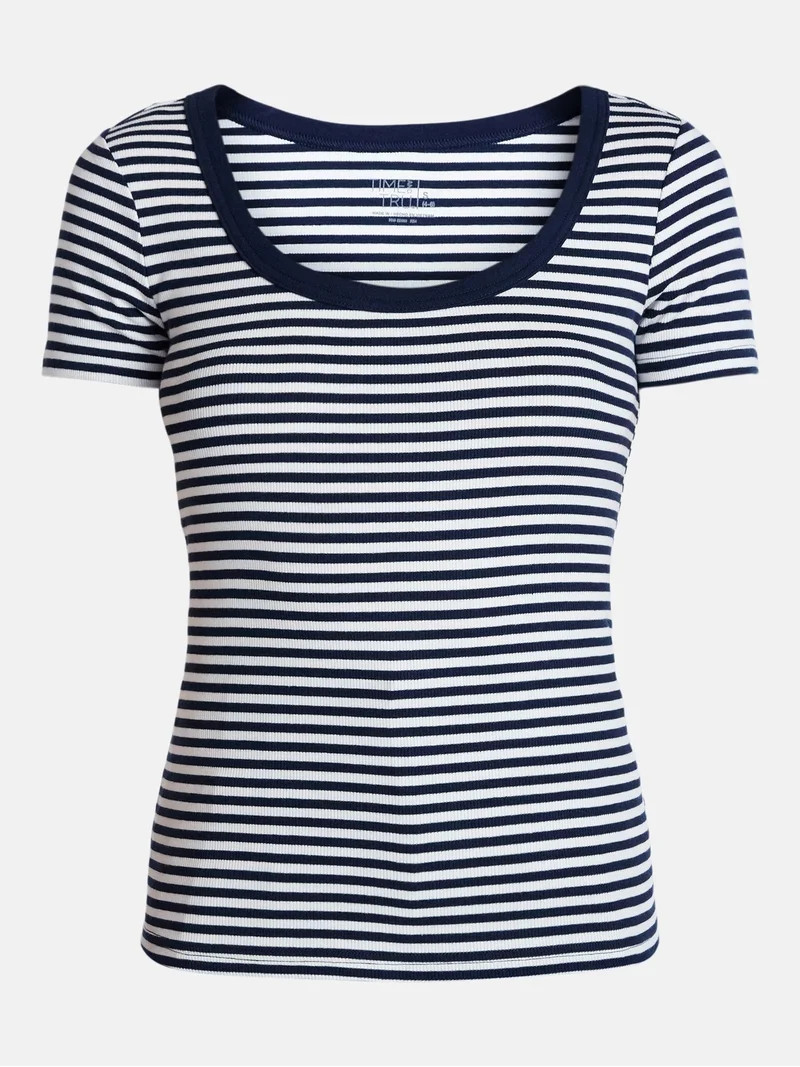 Time and Tru Women's Ribbed Scoop Neck Tee with Short Sleeves, Sizes XS-XXXL | Walmart (US)