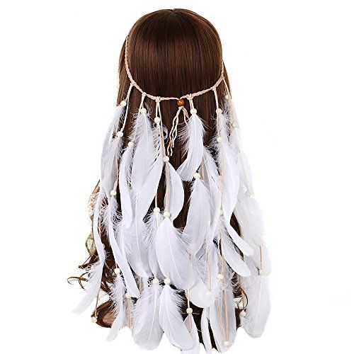 AWAYTR New White Feather Headband Women Festival Wedding Headwear Bohomia Feather Rope Crown Headdre | Amazon (US)
