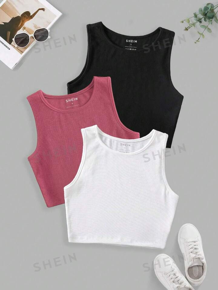SHEIN EZwear Women Solid Color Basic Round Neck Top Top For Daily Wear | SHEIN