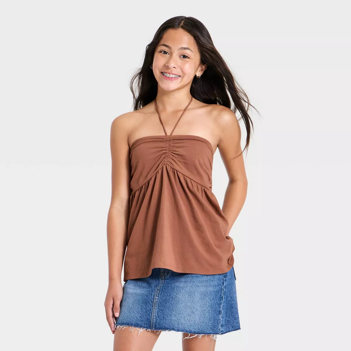 Girls' Sleeveless Halter Neck Babydoll Tank Top - art class\u2122 Brown XS | Target