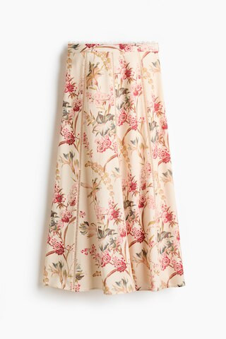 H & M - Linen-Blend Skirt - Light Beige/Floral | H&M (US + CA)