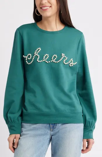 Caslon® Gretchen Imitation Pearl Embellished Balloon Sleeve Sweatshirt in Green Jasper Embellishment at Nordstrom Rack, Size Small | Nordstrom Rack