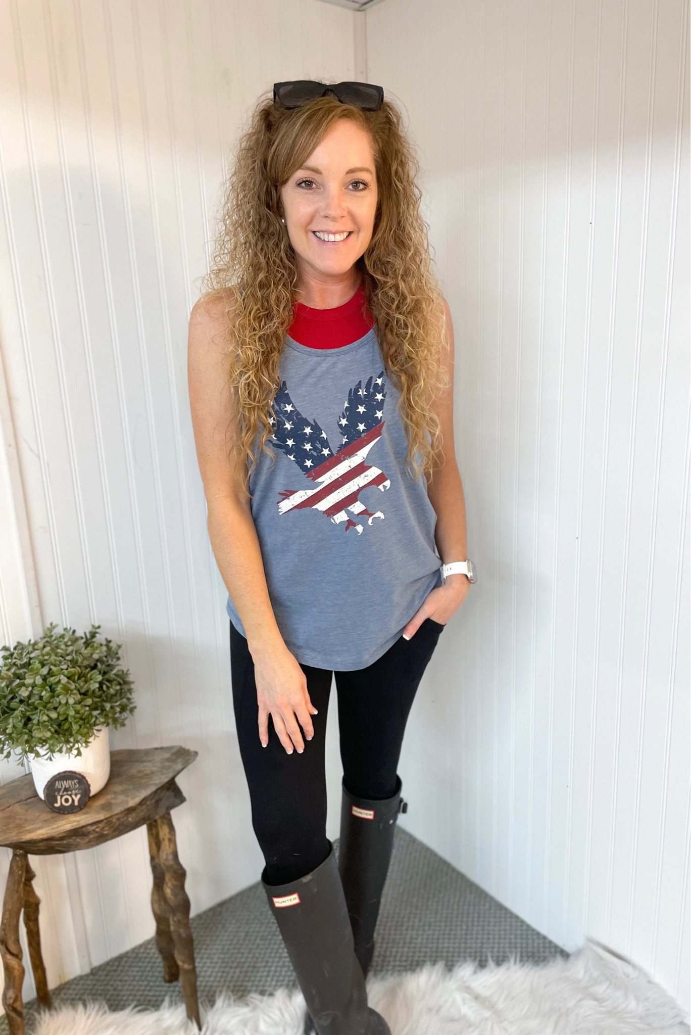 Memorial Day outfit / hunter boots outfit / outdoor outfit / rural king clothes / 

Eagle USA tank- sized up to medium (will also wear as a swim coverup) 
Walmart leggings- size small
Red tank- sized up to medium 
Hunter boots - TTS, size 8 

#LTKstyletip #LTKunder50 #LTKswim