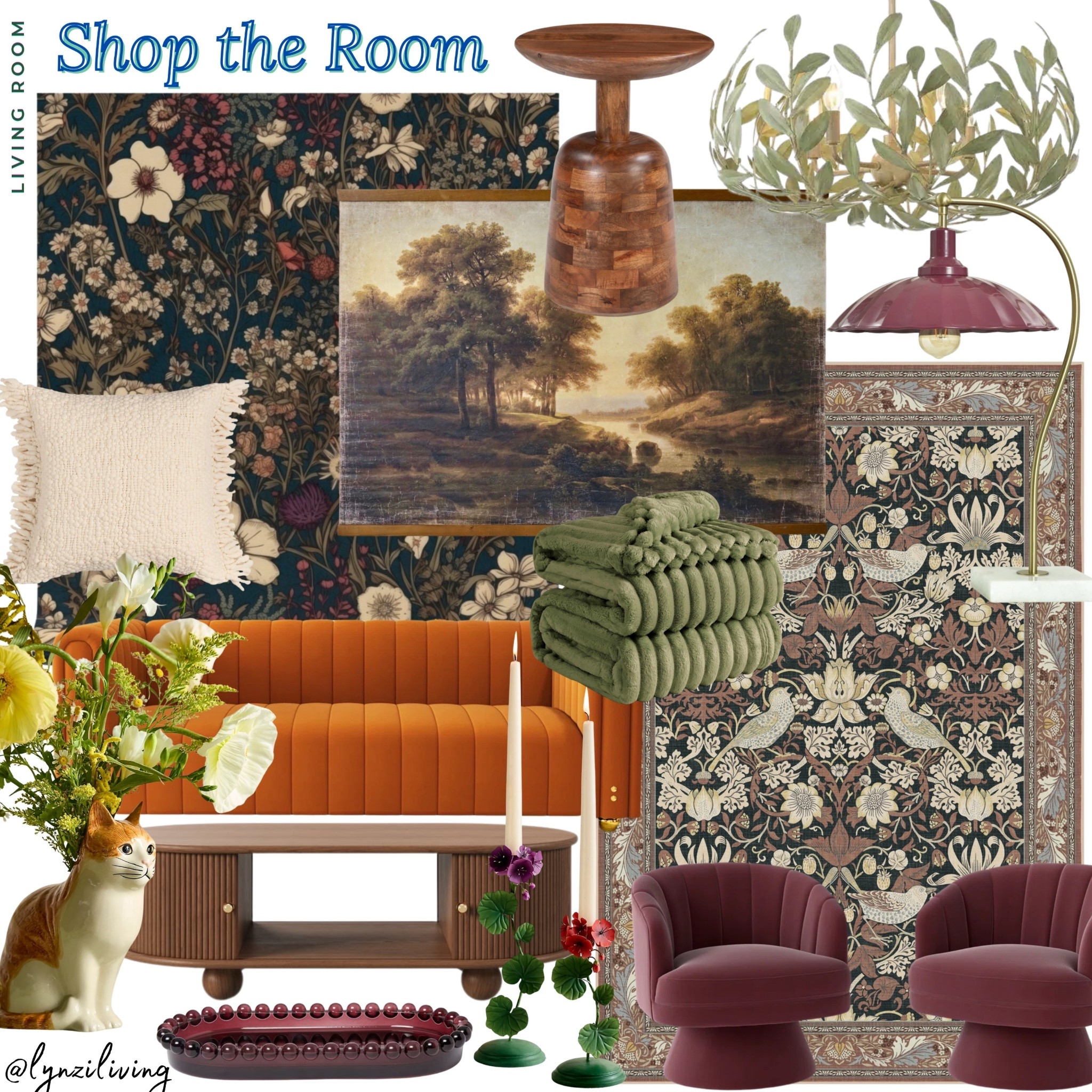 Shop the Room - Living Room

Warm home decor, warm toned decor, living room decor, living room design, floral living room, floral wallpaper, fall colors, dark floral wallpaper, cream throw pillow, textured throw pillow, orange velvet couch, orange velvet sofa, cat vase, unique vase, quirky vase, quirky decor, burgundy serving tray, maroon serving tray, burgundy accent chairs, velvet
accent chairs, walnut coffee table, flower
taper candle holders, walnut side table, walnut end table, landscape tapestry, neutral tapestry, William Morris area rug, neutral area rug, unique table lamp, unique chandelier, Sage chandelier

#LTKSeasonal #LTKHome