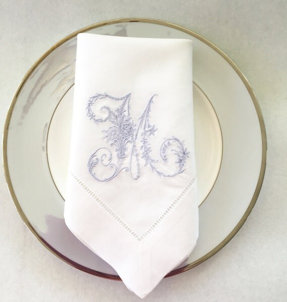 Embroidered Linen Cloth Napkins. Monogrammed Victorian Letter. Linen Table Linens. Wedding Gift. Whi | Etsy (US)