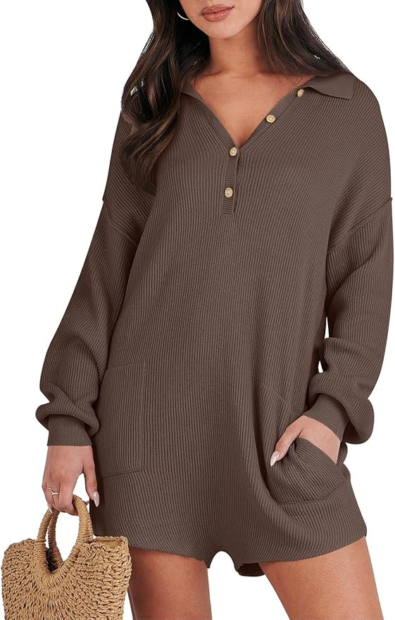 Caracilia Women Long Sleeve Sweater Romper Button Down V Neck Onesie Knit Shorts Jumpsuit Loungew... | Amazon (US)