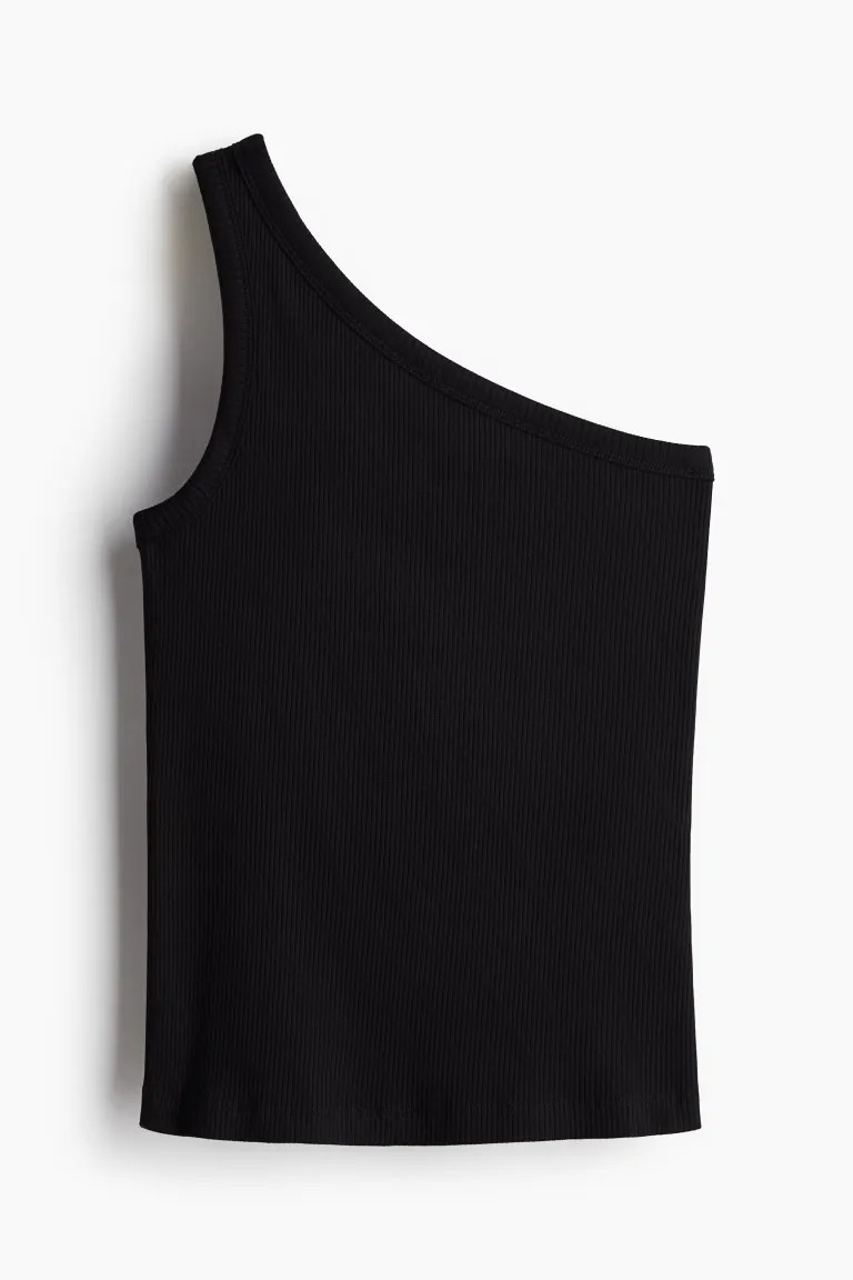 Geripptes One-Shoulder-Shirt - Ärmellos - Normale Länge - Schwarz - Ladies | H&M DE | H&M (DE, AT, CH, NL, FI)