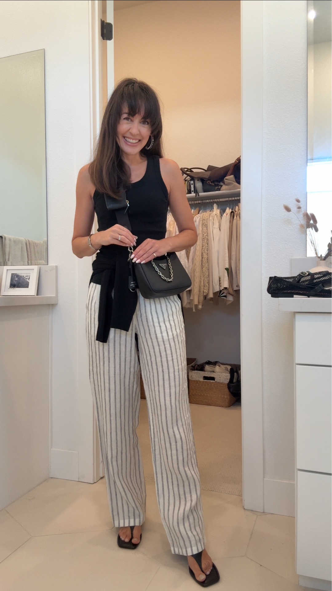 I’m getting my jeans the day off and using these linen pants to create a casual outfit for the mall instead

Tons of colors, but I love the neutral black-and-white Stripe. They have pockets, come in lengths and are easy to dress up with the matching linen blazer.