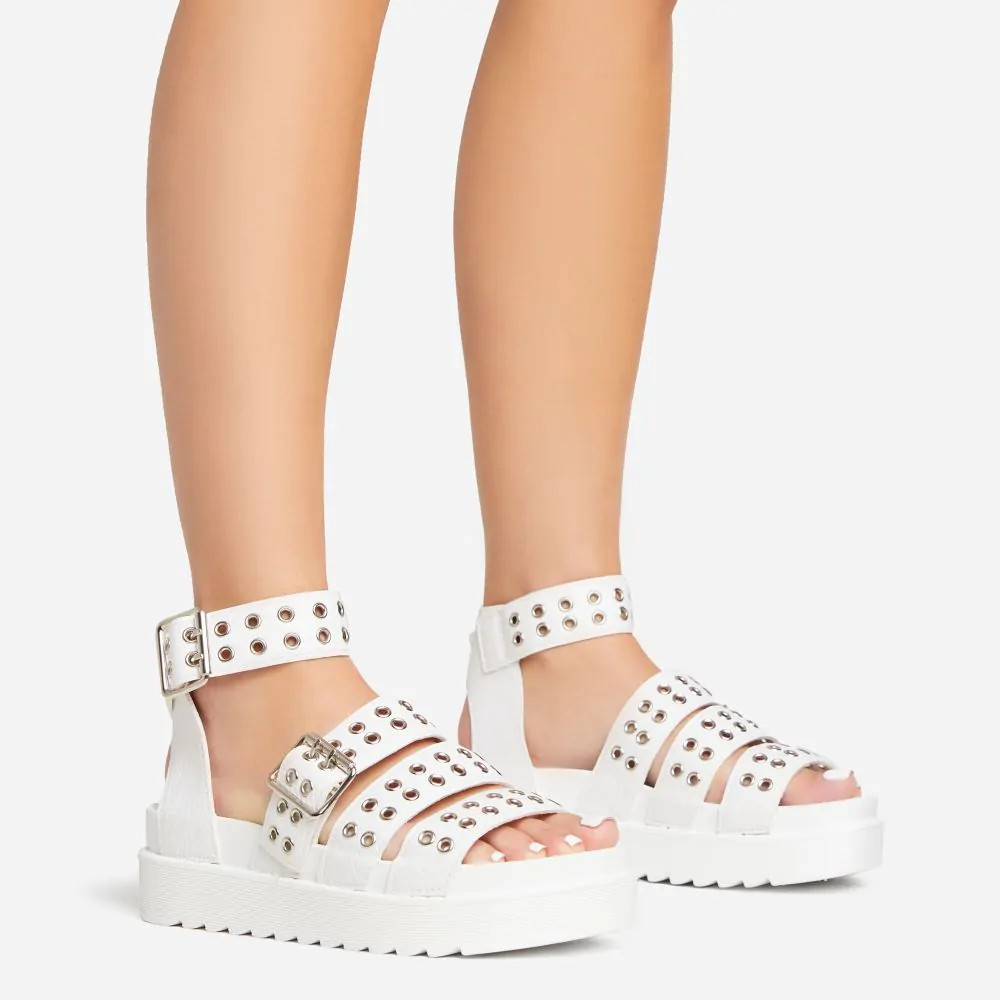 Eli Eyelet Detail Chunky Sole Flat Gladiator Sandal In White Faux Leather | EGO (UK)
