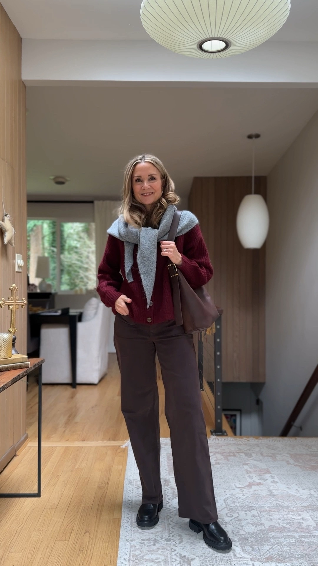 Post office run, mailing the last of the Christmas cards! Kohls burgundy cardigan is available in larger sizes only. Linked a similar one! My Madewell brown pants have the best fit, sizes also limited so linked a pair from Loft. Linked similar triangle gray scarves!

#LTKootd #LTKFindsUnder50 #LTKOver40