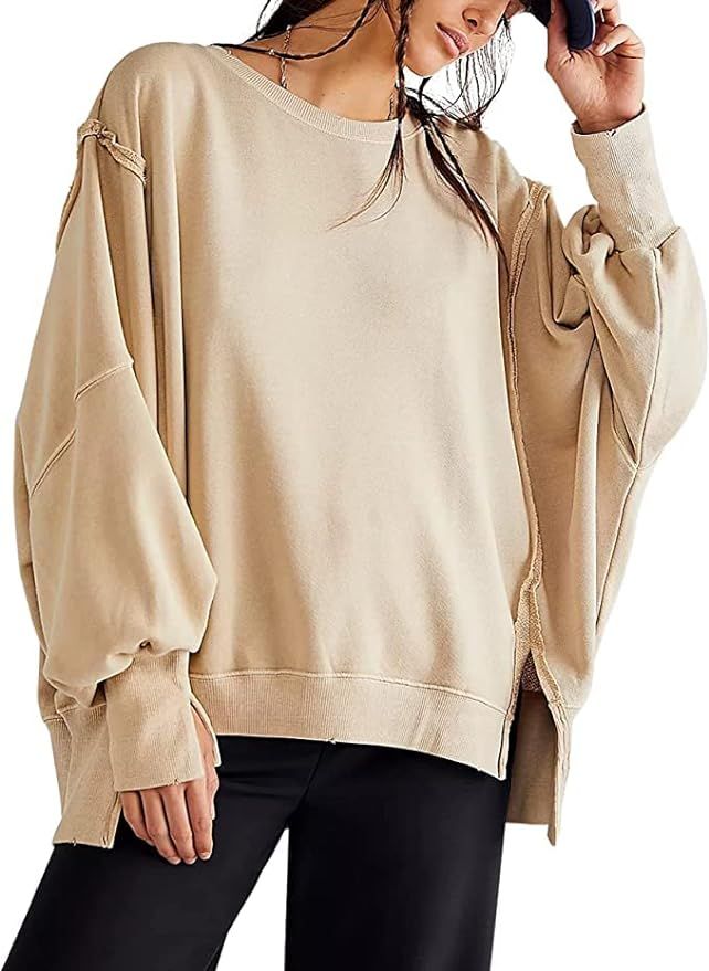 Xintianji Women's Oversized Contrast High Low Hem Patchwork Sweatshirts Casual Solid | Amazon (US)