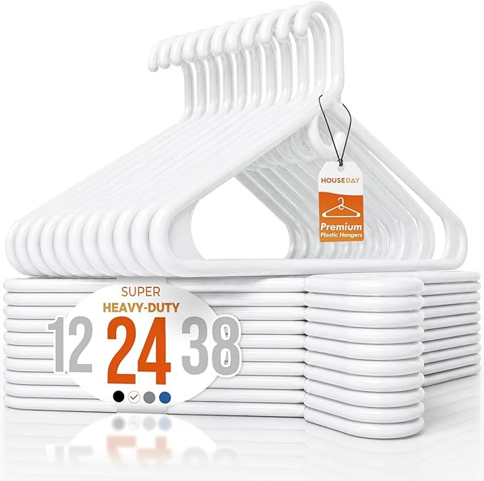 HOUSE DAY Heavy Duty Plastic Hangers 24 Pack - Thick White Clothes Hangers | 20 lb Capacity, Stur... | Amazon (US)