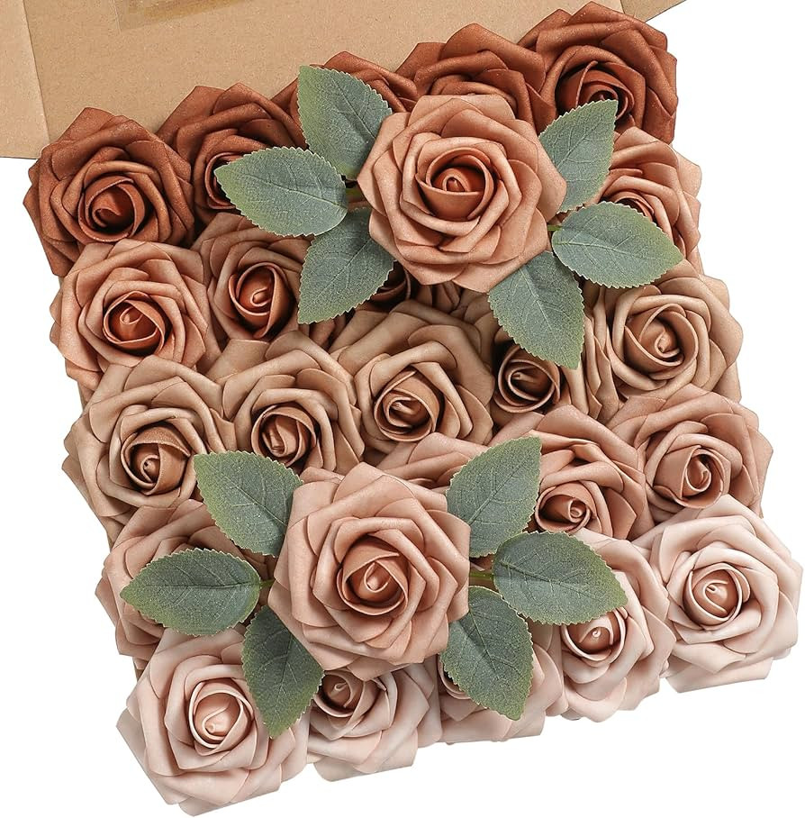 Amazon.com: rongflower Artificial Flowers Real Looking Dusty Rose Colors Foam Fake Roses with Ste... | Amazon (US)