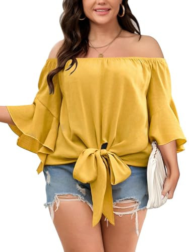 SHESTARR Womens Plus Size Off The Shoulder Blouse Tops Half Sleeves Tie Front Sexy Flowy Top Yellow | Amazon (US)