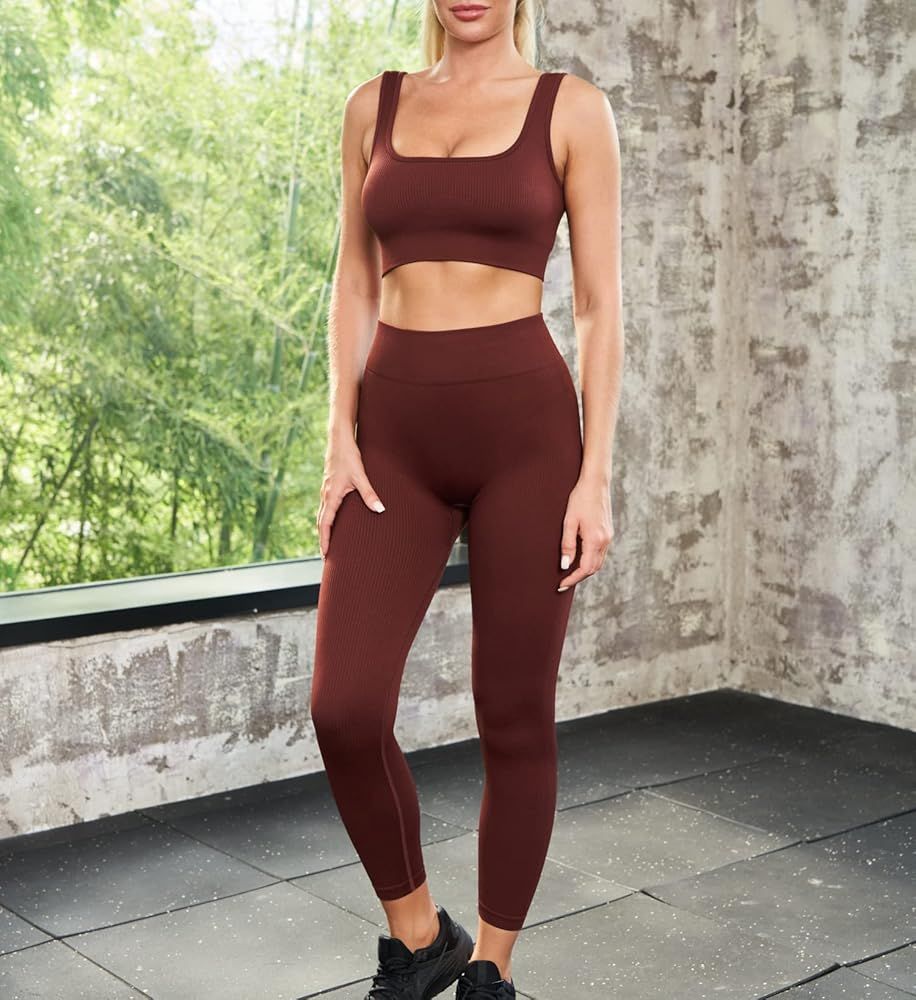 MATIRD Seamless Workout Set for Women 2 Piece Yoga Outfits Activewear Set Ribbed High Waist Leggings | Amazon (US)