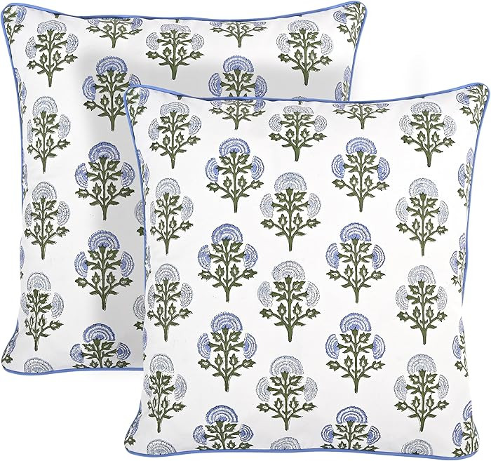 Ridhi Block Print Mughal Buta Blue Pillow Cover 18" x 18" (Pack of 2) Decorative Couch Pillows fo... | Amazon (US)