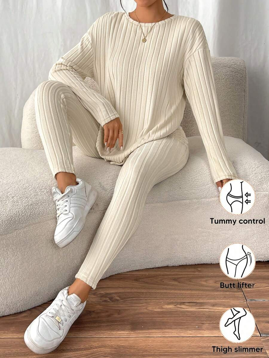 SHEIN Frenchy Drop Shoulder Ribbed Knit Tee & Leggings Textured Fabric Two Pieces | SHEIN