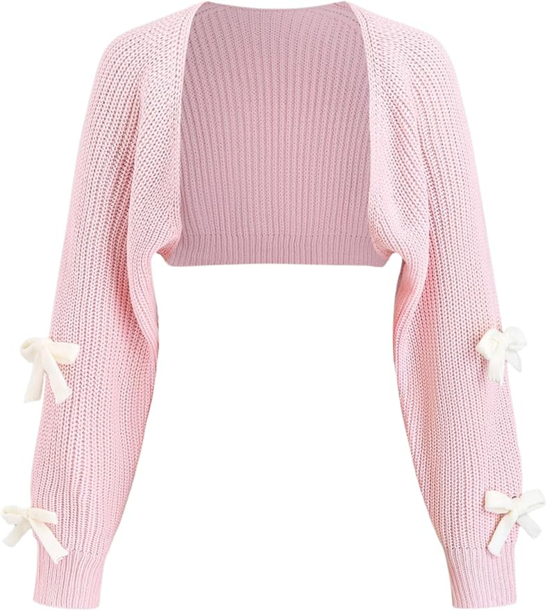 Verdusa Women's Bow Sweater Cute Cropped Cardigan Long Sleeve Knitted Shrug | Amazon (US)