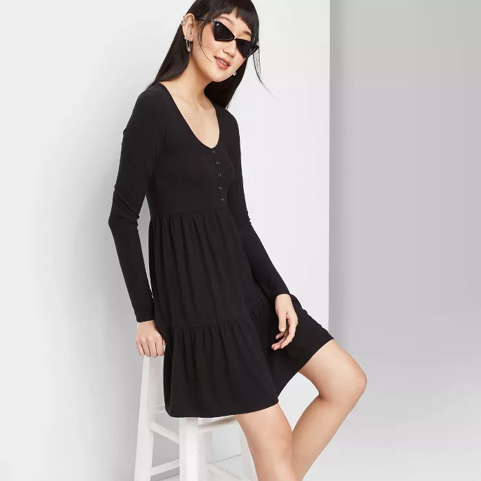 Women's Long Sleeve Round Neck Tiered Babydoll Dress - Wild Fable™ | Target