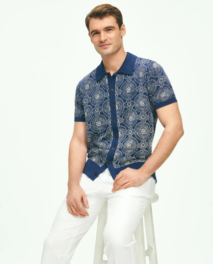 Cotton Polo Cardigan In Batik-Inspired Block Print | Brooks Brothers